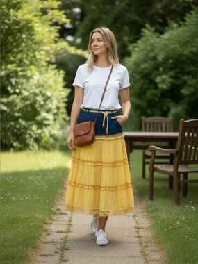 Y2K Denim-Waist Yellow Tiered Maxi Skirt With Beaded/Sequin Waist Details